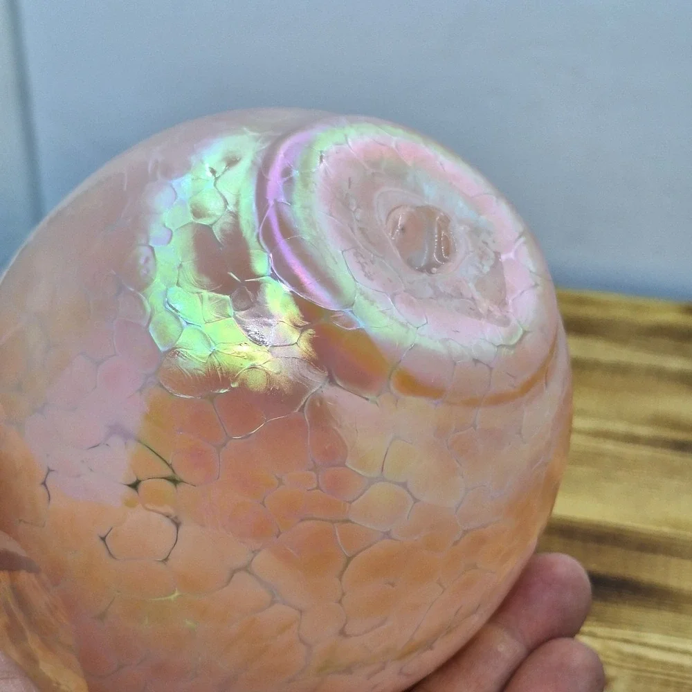 Pink Iridescent Studio Art Glass Hand Blown Vase Spotted 5.5 Inch Pontil‎